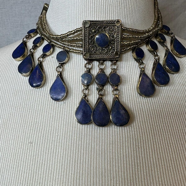 Lapis Lazuli Necklace, Vintage Genuine Lapis Lazuli Boho Style Necklace, Tribal Fusion Belly Dance , Handmade Jewelry