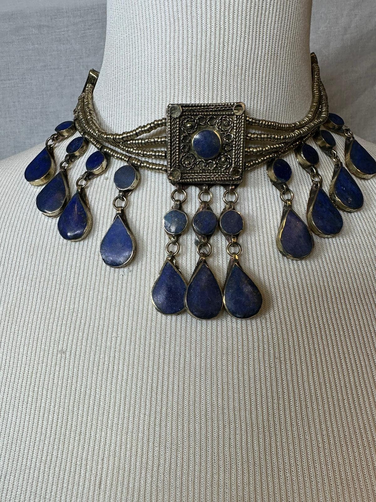Lapis Lazuli Necklace, Vintage Genuine Lapis Lazuli Boho Style Necklace, Tribal Fusion Belly Dance , Handmade Jewelry