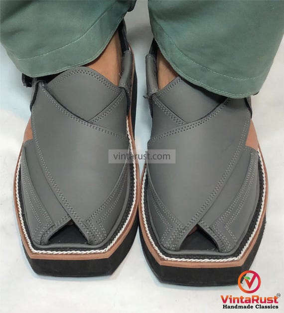 Dark Grey Leather Footwear: Authentic Handmade Gents Peshawari Chappal Dark Grey Leather Footwear: Authentic Handmade Gents  main image 3