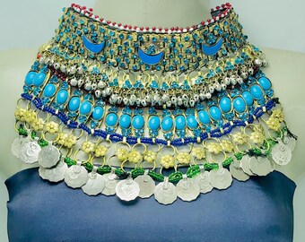 Beautiful Turquoise Oversized Necklace, Handmade Vintage Choker Necklace With Stones and Coins, Layered Choker Necklace, Chunky Necklace