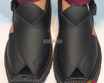 Handmade Black Leather Peshawari Chappal Sandals, Gents Shoes