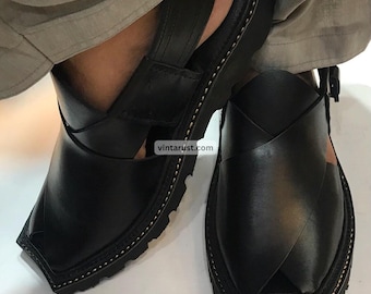 Handcrafted Black Leather Peshawari Chappal Sandals: Traditional Kaptaan Shoes