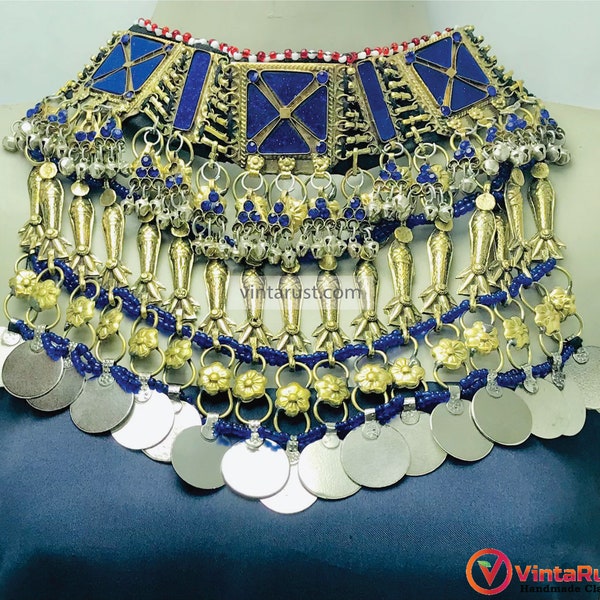 Choker Necklace, Handmade Blue Statement Tribal Choker With Fish Motifs, Kuchi Boho Jewelry, Unique Necklace, Vintage Handmade Jewelry