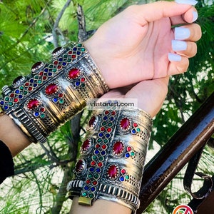 Vintage Afghan Cuff Bracelet: Tribal Kuchi Jewelry with Glass Stones