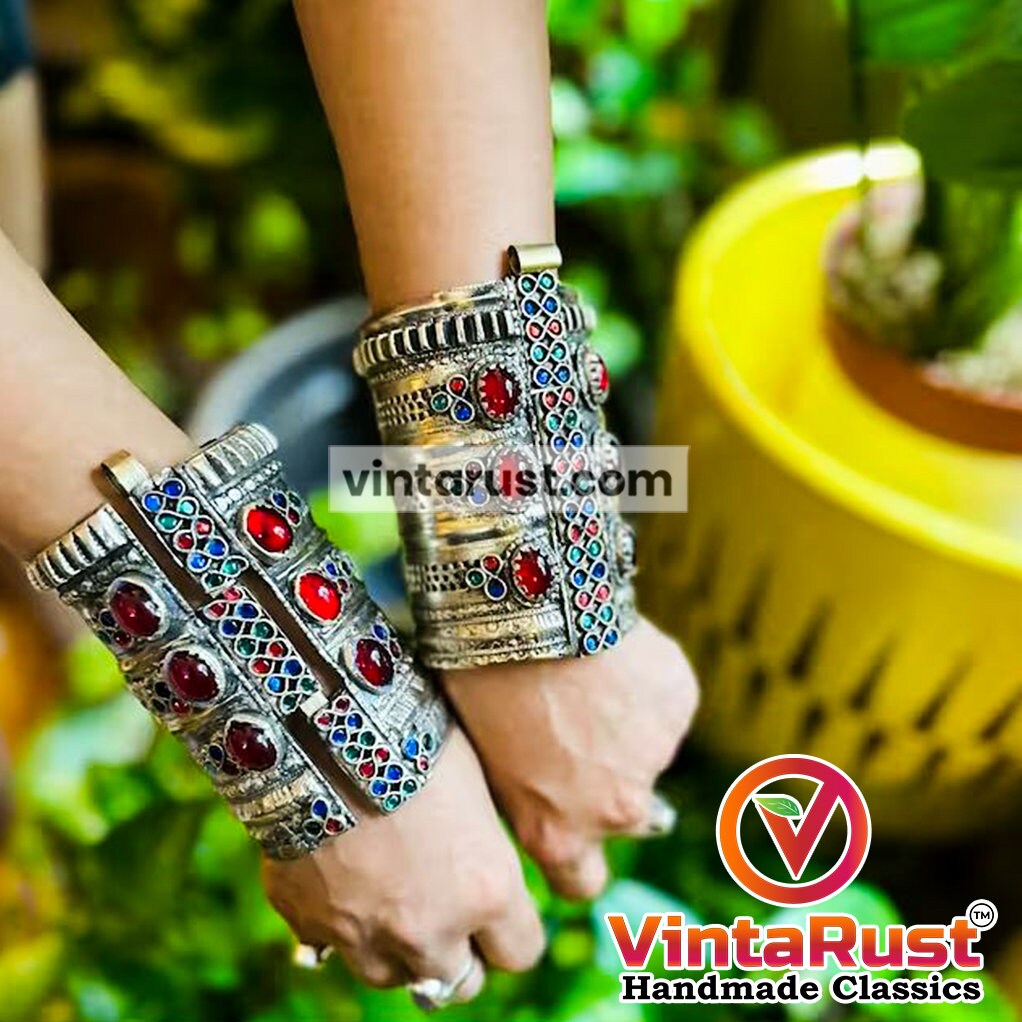 Vintage Afghan Cuff Bracelet: Tribal Kuchi Jewelry With Glass