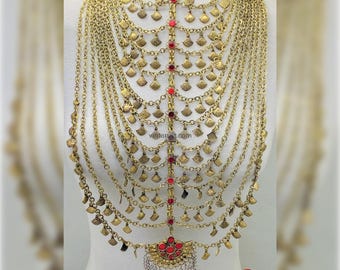 Afghan Gypsy Statement Necklace: Multi Strand Kuchi Jewelry with Chains and Red Stones