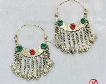 Gypsy Boho Kuchi Earrings: Afghan Tribal Hoops with Glass Stone & Tassels