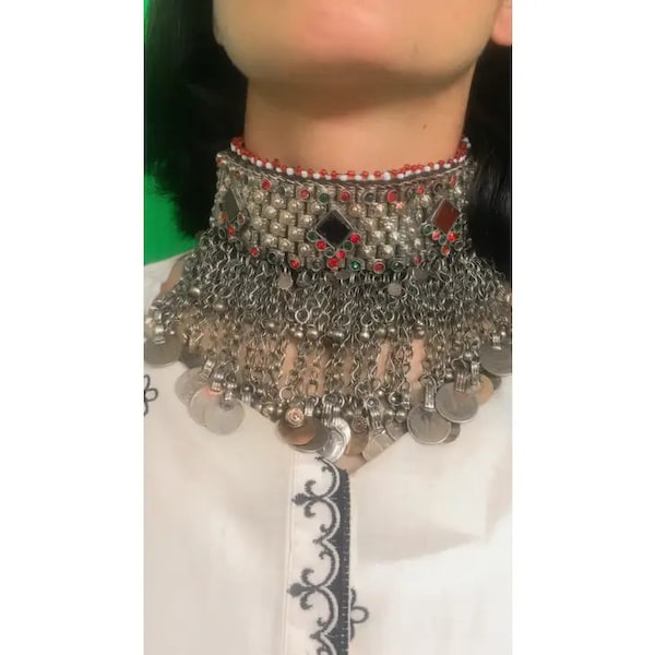 Vintage Afghan Choker Necklace, Multicolor Glass Stones Choker Necklace With Vintage Coins, Tribal Jewelry, Afghan Necklace, Coins Jewelry