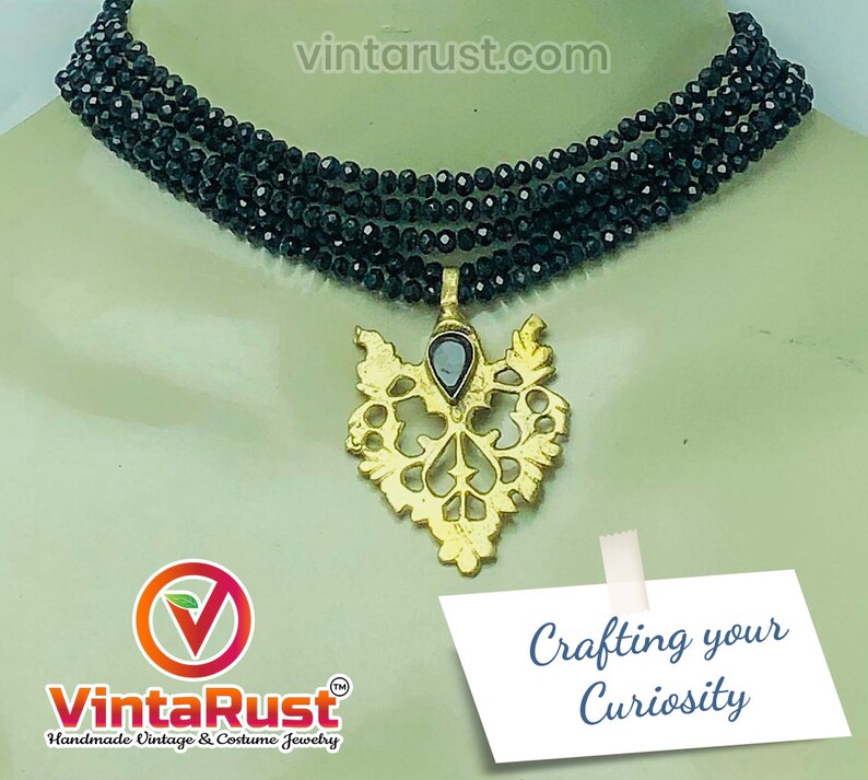 Black Jewelry Set, Black Beads With Motif Jewelry Set, Dangling Motif Choker Necklace With Studs Earrings, Ethnic Jewelry Set, Handmade