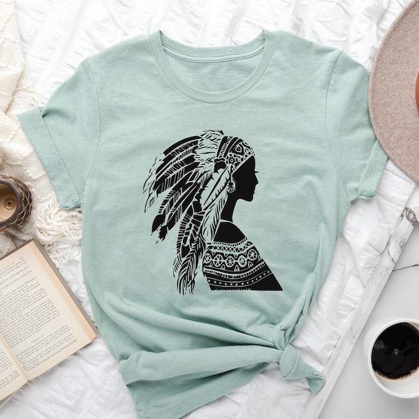 Indian Girl T-shirt, Vintage T-shirt, Indian Head Dress T-shirt, Cool Silhouette T-shirts, Tattoo T-shirts, Great Gift For Girlfriend