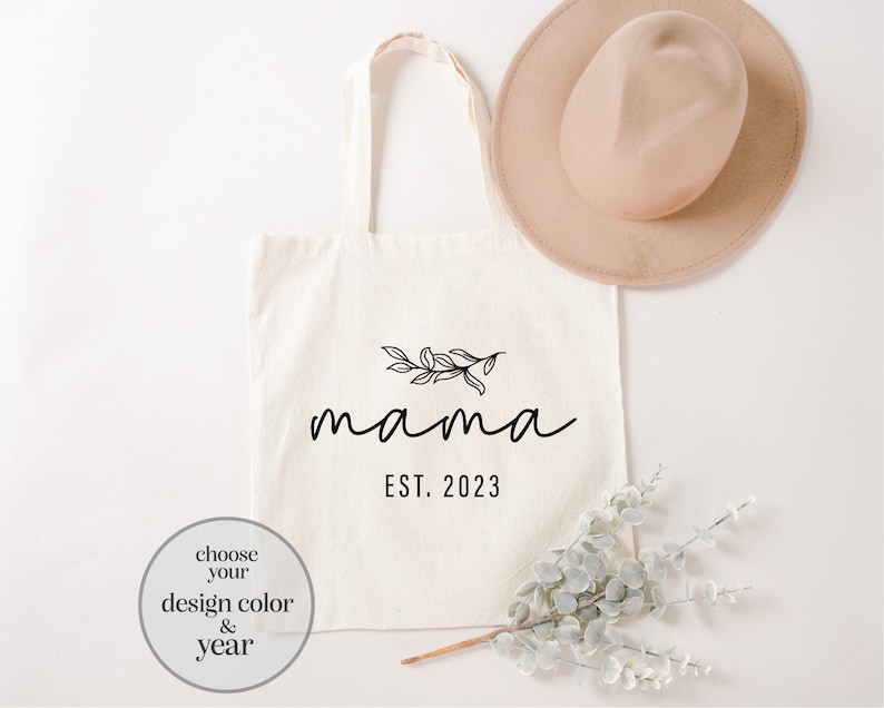 Mama Est Custom Year Tote Bag, Custom Year Mom Tote Bag, New Mom Tote Bag, Mother's Day Gift, Mother's Day Tote Bag, Mom Gift Bag image 1