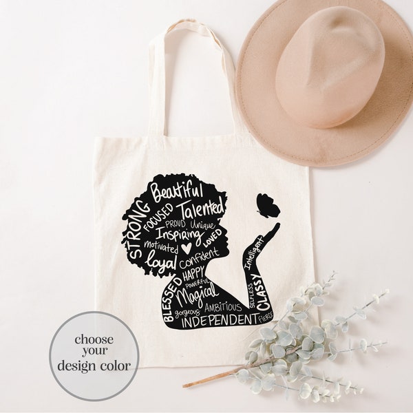 Beautiful Black Girl Tote Bag, Strong Black Woman Tote Bag, Brave Afro Woman Tote Bag, Black Girl Magic Tote Bag, Black Queen Tote Bag