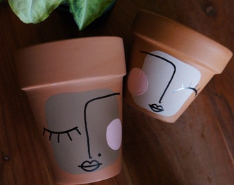 Hand Painted Face Planter Set / boho planters / hand painted pots / plant pot / planter / terracotta planter / face planter / modern planter