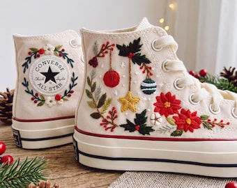 Poinsettia Christmas Embroidered Converse, Ornament Holly High Tops, Floral Holiday Sneakers, Handmade Festive Christmas Gift for Her