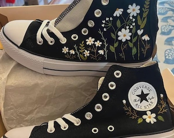 Custom Embroidered Converse Platform High Tops, Daisy Flower Wedding Sneakers, Personalized Bridal Shoes