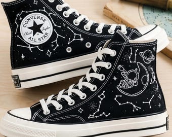 Astronaut Moon Embroidered Converse High Tops, Celestial Constellation Sneakers, Cosmic Space Shoes, Stargazer Gift for Astronomy Lover