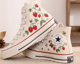 Strawberry Bee Embroidered Converse, Wildflower Fruit High Tops, Cottagecore Garden Sneakers, Handmade Summer Gift for Her