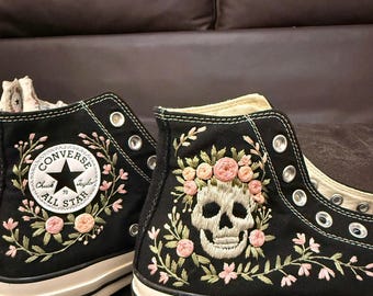 Embroidered Floral Skull High Top Sneakers, Gothic Rose Canvas Shoes, Dark Cottagecore Skull Sneakers, Halloween Gift for Her