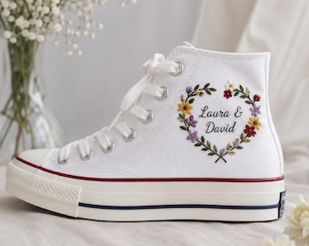 Personalized Wedding Embroidered Converse High Tops, Custom Floral Wreath Bride Sneakers, Couple Names Canvas Shoes, Bridal Shower Gift