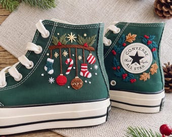 Christmas Stocking Embroidered Converse, Candy Cane Ornament High Tops, Pine Berry Holiday Sneakers, Handmade Festive Gift for Her