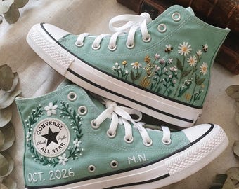 Personalized Wildflower Embroidered Converse High Tops, Daisy Bee Floral Wedding Sneakers, Custom Initial Date Bridal Shoes, Garden Gift