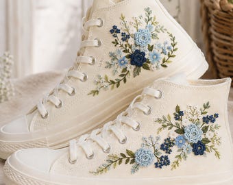 Embroidered Converse High Tops, Blue Wildflower Bouquet Sneakers, Botanical Floral Bridal Shoes, Cottagecore Garden Lover Gift for Her