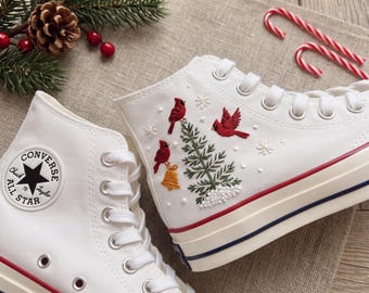 Cardinal Christmas Embroidered Converse, Pine Tree Snowflake High Tops, Winter Bird Holiday Sneakers, Handmade Festive Christmas Gift