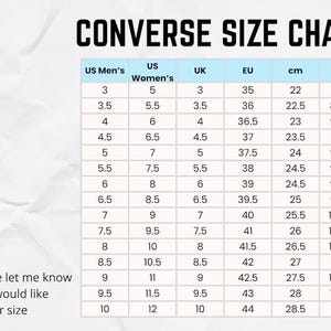 May include: A Converse size chart featuring columns for US Men's, US Women's, UK, EU, cm, and inch measurements. The table lists sizes ranging from 3 to 10 for US Men's and 5 to 12 for US Women's. Text at the bottom reads: *Please let me know if you would like another size.