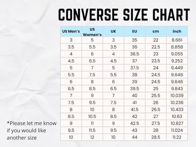 May include: A Converse size chart featuring columns for US Men's, US Women's, UK, EU, cm, and inch measurements. The table lists sizes ranging from 3 to 10 for US Men's and 5 to 12 for US Women's. Text at the bottom reads: *Please let me know if you would like another size.