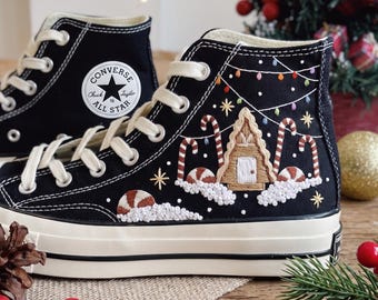 Gingerbread House Embroidered Converse, Candy Cane Christmas High Tops, Holiday Lights Sneakers, Handmade Festive Christmas Gift