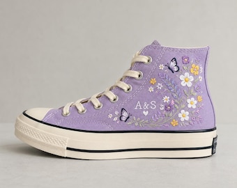 Personalized Butterfly Floral Embroidered Converse High Tops, Custom Initial Wedding Sneakers, Lavender Bride Canvas Shoes, Bridal Gift