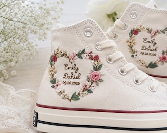Personalized Wedding Embroidered Converse High Tops, Custom Floral Heart Bride Sneakers, Names and Wedding Date Canvas Shoes, Bridal Gift