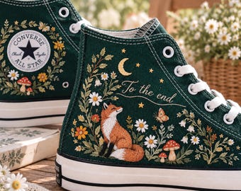 Woodland Fox Embroidered Converse, Wildflower Mushroom High Tops, Moon Star Cottagecore Sneakers, Fairycore Forest Nature Lover Gift