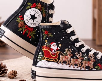 Christmas Embroidered Converse High Tops, Santa Sleigh Reindeer Sneakers, Holiday Shoes, Handmade Christmas Gift, Festive Winter Footwear