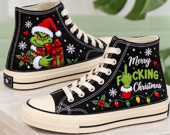 Grinch Christmas Embroidered Converse, Funny Rude Holiday Quote High Tops, Snowflake Christmas Lights Sneakers, Grinch Gift for Fans