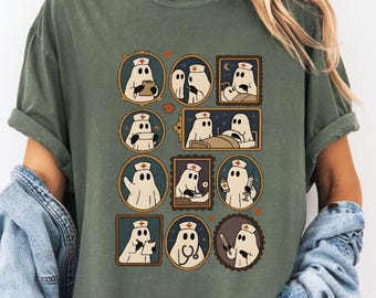 Chemise d'infirmière fantôme d'Halloween couleurs confort T-shirt d'allaitement automne, cadeau d'infirmière d'Halloween, chemise d'infirmière effrayante, cadeaux d'Halloween pour infirmières