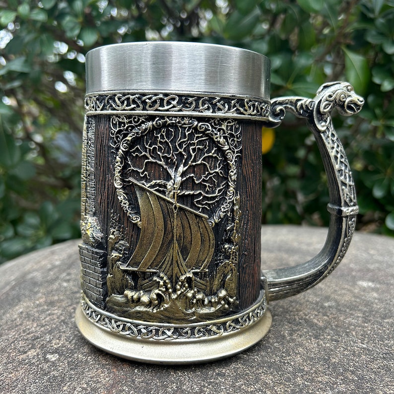 Viking Valhalla Ship Drinking Beer Coffee Mug 22 Oz, Viking Tankard Life Tree Yggdrasil, Valhalla Calling mug, Father's Day Gift for Dad