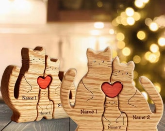 Puzzle chat en bois personnalisé, Puzzle de famille chat, Cadeaux souvenir de famille, Cadeaux pour la maison et la décoration, Cadeau pour parents, Cadeau de Noël