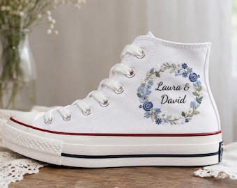 Personalized Blue Floral Wreath Embroidered Converse High Tops, Custom Wedding Sneakers, Couple Name Bridal Canvas Shoes, Bride Gift