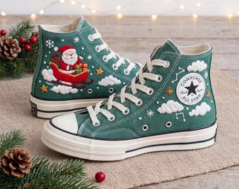 Santa Sleigh Embroidered Converse, Christmas Gift High Tops, Snowflake Holiday Sneakers, Handmade Festive Christmas Shoes