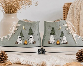 Embroidered Ghost Camping Converse High Tops, Cute Halloween Canvas Sneakers, Spooky Campfire Forest Shoes, Fall Gift for Her