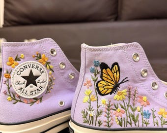 Embroidered Monarch Butterfly High Top Sneakers, Lavender Wildflower Canvas Shoes, Botanical Cottagecore Sneakers, Nature Lover Gift for Her