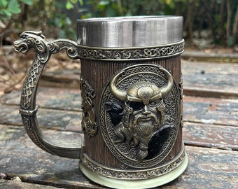 Viking Odin Beer Coffee Mug 20 Oz, Norse Viking Thor Mjolnir Tankard Valhalla Drinking Cup, Gift for Dad