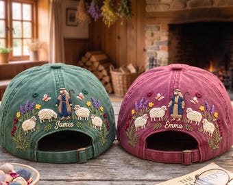 Personalized Shepherd and Sheep Embroidered Hat, Custom Name Good Shepherd Dad Cap, Christian Faith Floral Embroidery,Religious Gift for Her