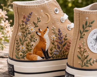 Embroidered Converse High Tops, Fox Wildflower Converse Sneakers, Woodland Botanical Canvas Shoes, Cottagecore Nature Gift For Her