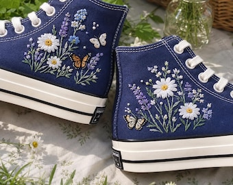 Embroidered Wildflower Butterfly Converse High Tops, Floral Canvas Sneakers, Cottagecore Nature Shoes, Garden Lover Gift for Her