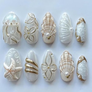 Ocean Theme 3D Press On Nails, Jellyfish Starfish Shell Nails, Pearl Gold Beach Nail Set, Handmade Mermaidcore Nails, Ivory Summer Sea Nails