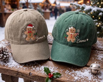 Personalized Gingerbread Man Embroidered Hat, Custom Name Christmas Dad Cap, Matching Holiday Gift for Couples