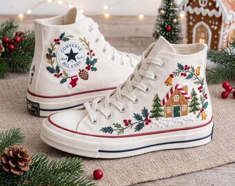 Gingerbread House Christmas Embroidered Converse, Holly Pine High Tops, Candy Cane Holiday Sneakers, Handmade Festive Christmas Gift