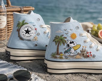 Cartoon Dog Embroidered Converse, Handmade Vacation Beagle Day, Summer Beach Embroidered HighTop Sneakers, Travel Lover Gift Shoes